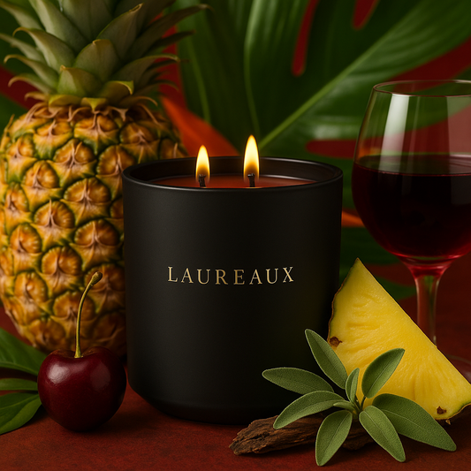 double wick candle in matte black jar with gold logo with pineapples, cherries, sage and merlot