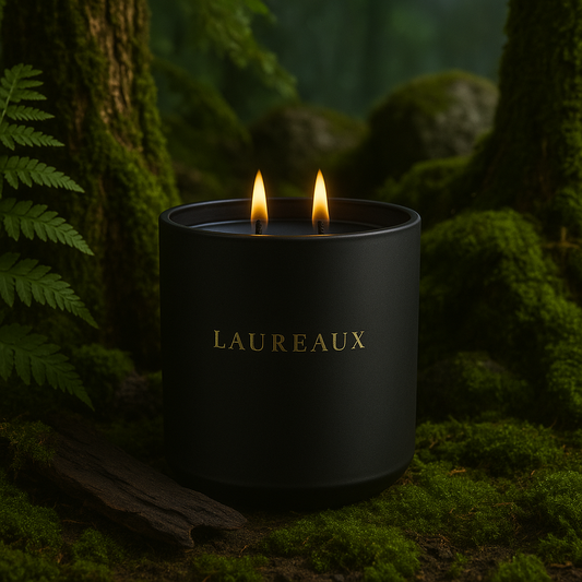 double wick candle in matte black jar with gold logo in lush, mossy forrest
