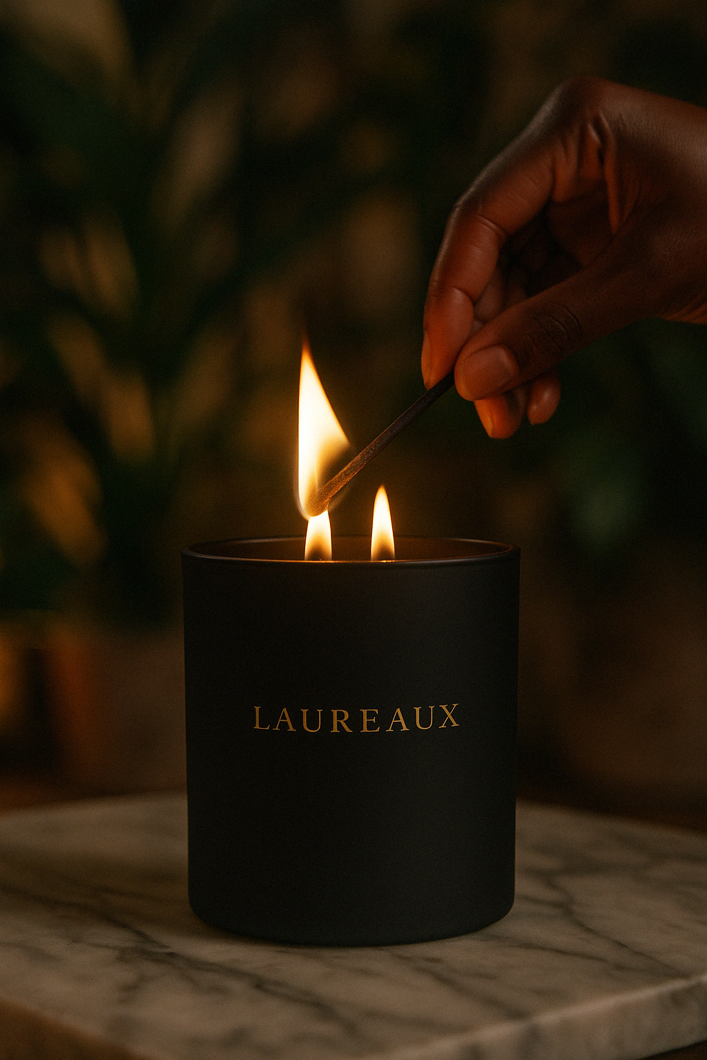 hand lighting tropical double wick candle in matte black jar with gold logo