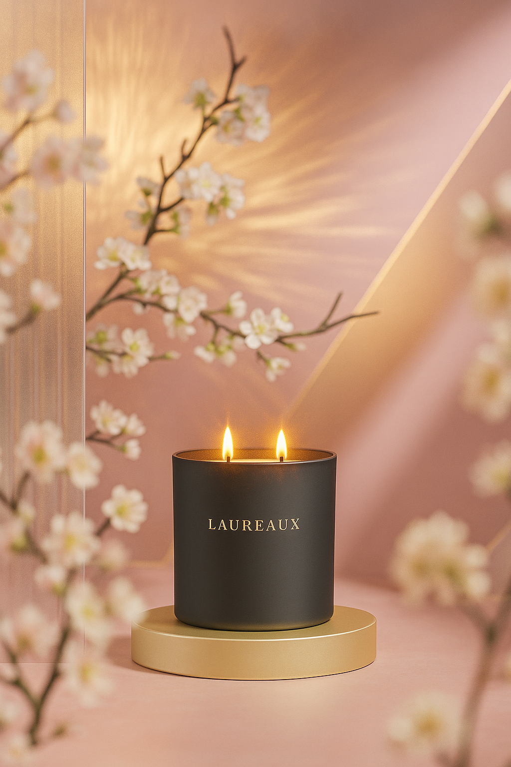 floral double wick candle in matte black jar with gold logo