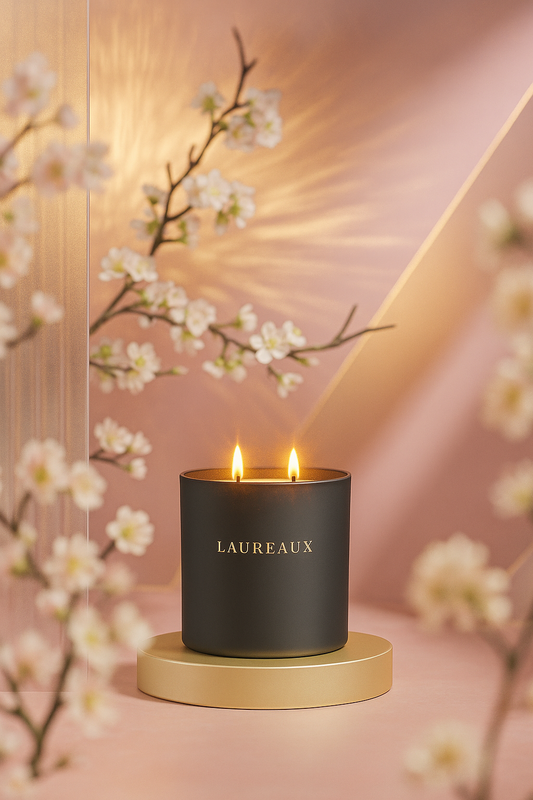 floral double wick candle in matte black jar with gold logo