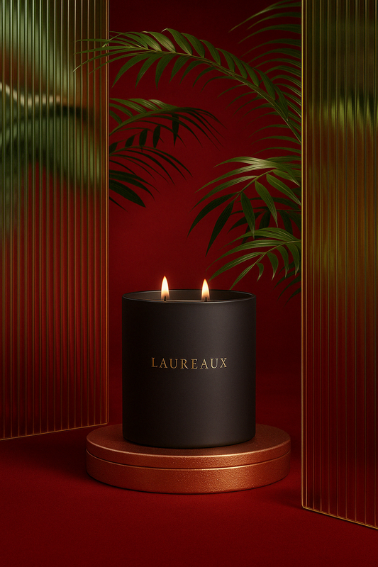 tropical double wick candle in matte black jar with gold logo