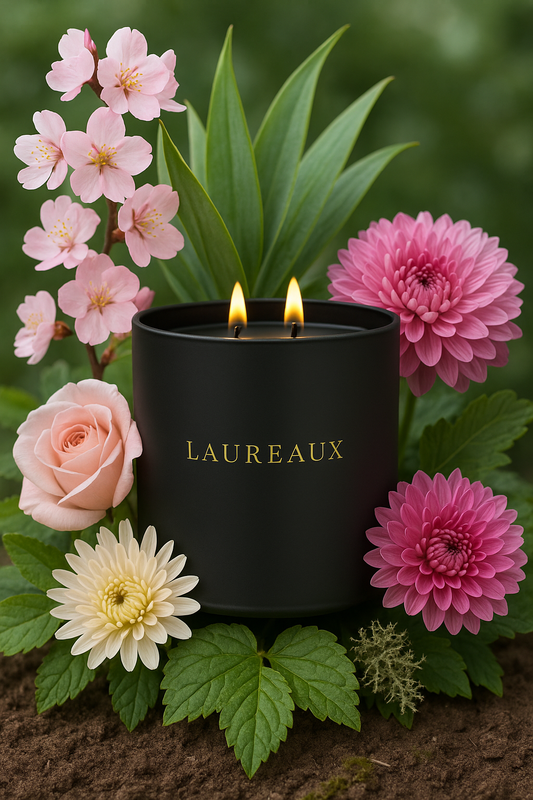 double wick candle in matte black jar with gold logo surrounded by vibrant pink flowers