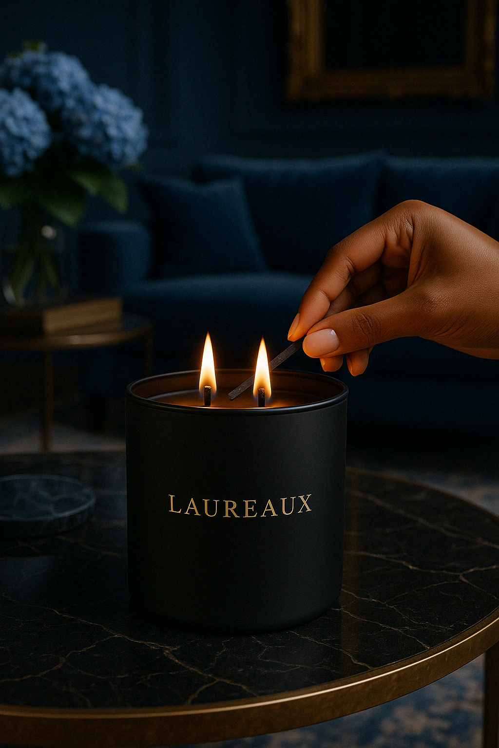 hand lighting fresh double wick candle in matte black jar with gold logo