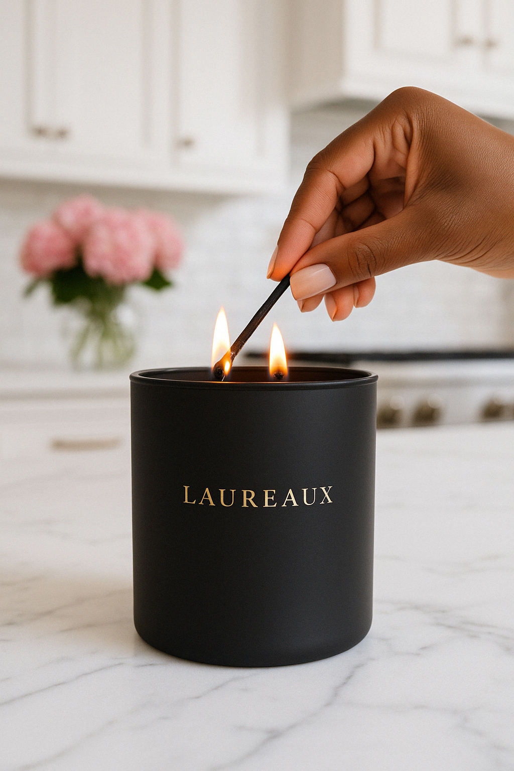 hand lighting floral double wick candle in matte black jar with gold logo